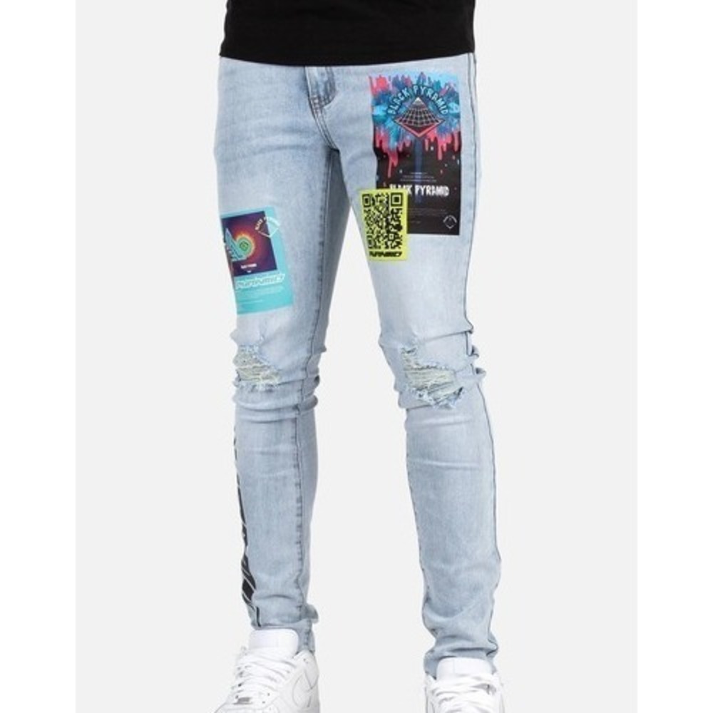 Men's Retro Black‎ Pyramid Logo Patch Distressed Grunge Streetwear Jeans 38W